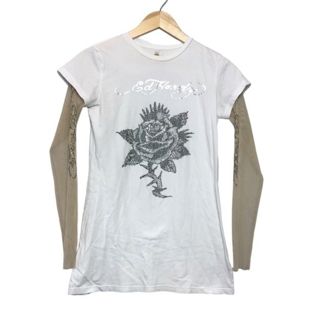 Vintage Y2K‎ Ed Hardy Rose Rhinestone Baby Tee large Mesh Sleeves Bling 2000s